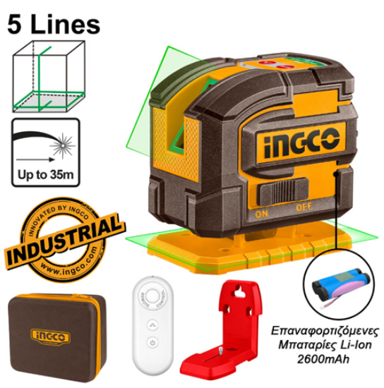 Εικόνα της Αυτοαλφαδιαζόμενο Laser Σταυρού με 5 Πράσινες Δέσμες INGCO